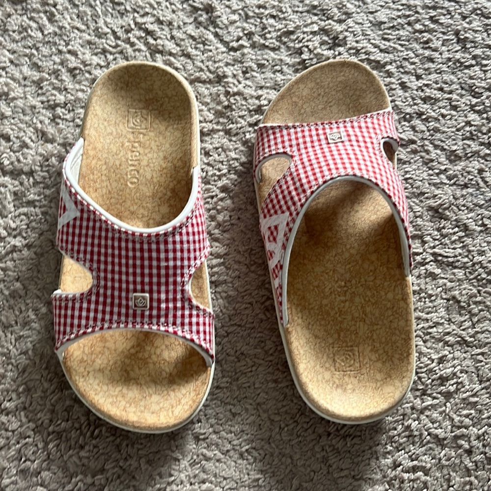 Spenco Red plaid Gingham orthotic slide sandals